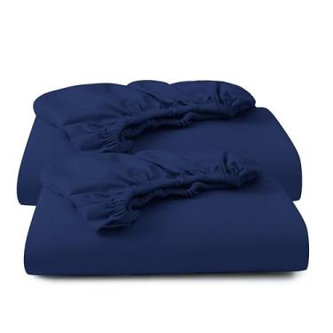 Imagem de Pacote com 2 lençóis King Size 100% algodão egípcio, 600 fios, lençol de baixo de cetim com bolso profundo de 20,3 a 40,6 cm, macio, respirável, confortável e de qualidade de hotel (king, azul marinho