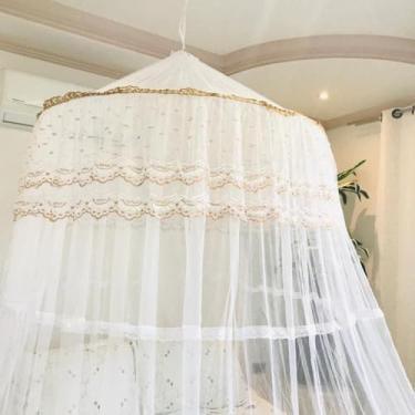 Imagem de Mosquiteiro Teto Casal Gigante Indiano – Proteção Contra Mosquitos, Universal para Cama Casal e Solteiro, Elegante e Colorido(BEGE)