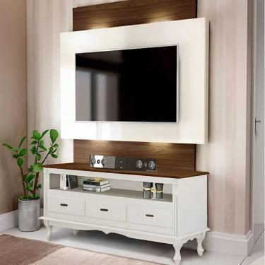 Imagem de Rack Para Sala 3 Gavetas E Nicho Pés Luis Xv - Branco Laca Com Tampo Imbuia Glazer