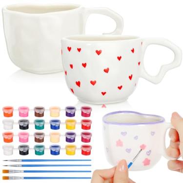 Imagem de Tenceur 2 conjuntos de kits de canecas pintadas para o Dia dos Namorados canecas de cerâmica em forma de coração pinte sua própria caneca DIY canecas de café inclui xícaras de café brancas em branco e