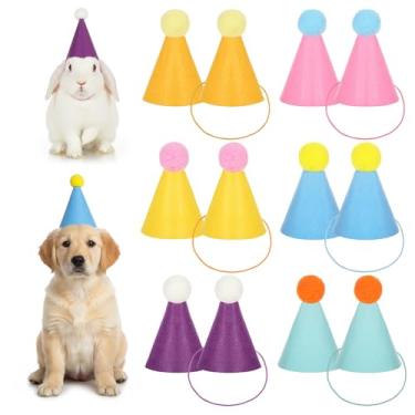 Imagem de YBEATY 12 peças de mini chapéus de festa para animais de pelúcia coloridos adorável cone de papel minúsculos chapéus de aniversário DIY chapéu de feriado ajustável para cães, gatos, coelhos, filhotes