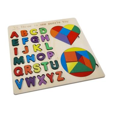 Imagem de Genérico Quebra-Cabeça Educativo Montessori 3 em 1, Alfabeto e Formas Geométricas em Madeira, Colorido, para Crianças