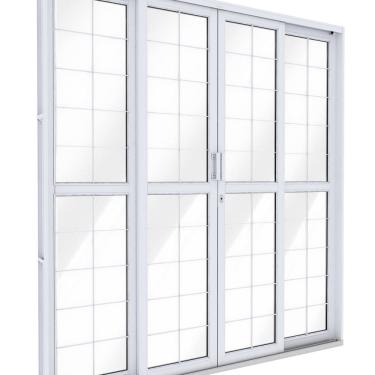 Imagem de Porta de Aço de Correr Central com Grade Quadrada 4 Folhas 213x200 Riobras Aço Pronto Branco