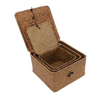 Imagem de Fockety Caixa de armazenamento tecida à mão, conjunto 3 cestos de vime com tampas, caixas de armazenamento de rattan tecidas à mão para decoração interiores, organização (14x14x9cm 17x17x10cm