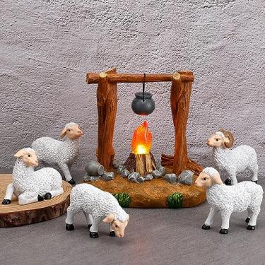 Imagem de Barydat Conjunto de animais de presépio de Natal, estatuetas de animais de ovelha branca de 12,7 cm, coleção de presépio, coleção de presépio, acessório de vila, fogueira iluminada, esculpida e pintada à mão, conjuntos de presépio