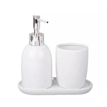 Imagem de Kit Banheiro Lavabo Londres 3 Peças em Cerâmica – Porta Sabonete, Porta Escova e Bandeja Elegante(Prata)