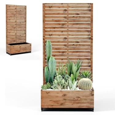 Imagem de PolarcoForgeco Canteiros de jardim elevados de metal com treliça e rodas para plantas trepadeiras, flores, caixa grande com tela de privacidade e orifícios de drenagem para pátio (89 cm C, grão de