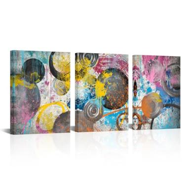 Imagem de LyerArtork 3 peças de arte de parede abstrata graffit impressões em tela vintage colorido pintura geométrica arte moderna decoração de parede para cozinha sala de estar quarto decoração 12"x16"x3