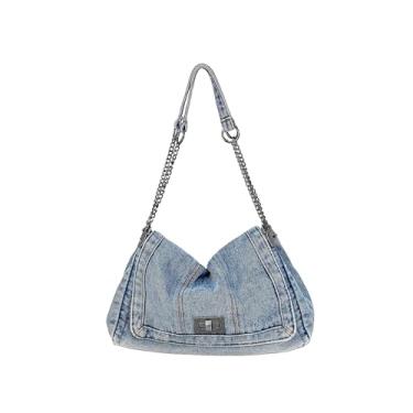 Imagem de Eiyye Bolsa de ombro jeans vintage com alça de corrente ajustável e aba giratória feminina Jean Hobo Bolsa transversal