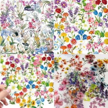 Imagem de 200 peças de adesivos de flores PET para garrafas de água, adesivos de flores holográficas transparentes à prova d'água para skate, laptop, bicicleta, hidroflask, adesivos florais de plantas naturais