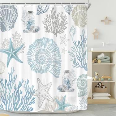 Imagem de Riyidecor Cortina de chuveiro de praia oceano concha para decoração de banheiro 72Lx72H litoral náutico azul-petróleo água-viva estrela do mar coral concha algas marinhas tecido impresso poliéster