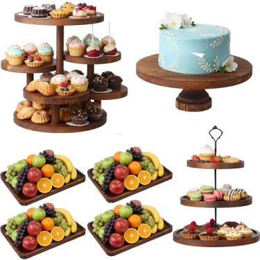 Imagem de RattanView Conjunto de mesa de sobremesa de madeira com 7 peças, suporte redondo para torre de cupcake, bandeja retangular para servir biscoitos, bolo, macaron, para exibição de mesa central, chá, chá