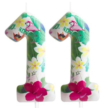 Imagem de Vela de 11º aniversário, flamingo, número 11 velas, decoração de bolo de flamingo, branco, flores havaianas tropicais, temáticas para crianças, meninos, meninas, artigos de decoração de festa de
