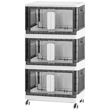 Imagem de Organizador de armazenamento dobrável com rodízios silenciosos | Design empilhável para casa e escritório, caixa de armazenamento de plástico resistente com porta transparente, 3 tamanhos (19,5/23,5