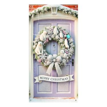 Imagem de BlissYard Capa de porta de Natal, decoração de porta de Natal com ursos polares e pinguins, guirlanda de festas festivas para portas de entrada internas e externas, placas de varanda e banners 180 x