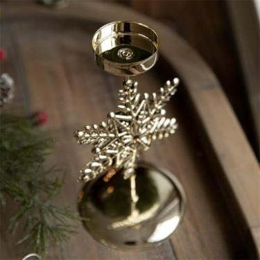 Imagem de Castiçal de metal vintage com rena de Natal, design de estrelas e flocos de neve para centro de mesa e decoração de lareira em casa, ouro 17 cm