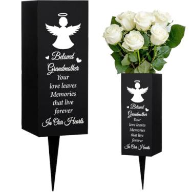 Imagem de WEBEEDY Vasos de cemitério com pontos, vasos comemorativos da avó amada para jardim de túmulos, suporte de flores de cemitério com padrão de anjo, presente de simpatia para a perda de um ente querido