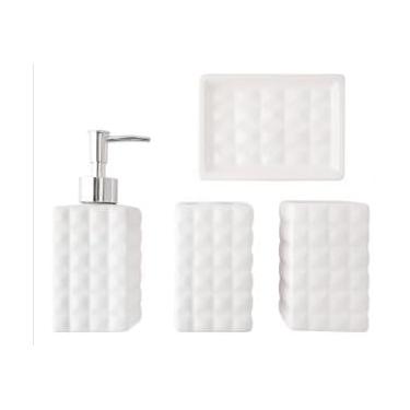 Imagem de Conjunto de Banheiro Moderno, 4 Peças em Cerâmica e Plástico, Acessórios para Banheiro com Design 3D Texturizado, Preto e Branco (Branco)