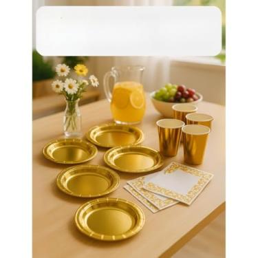 Imagem de Kit 30 Itens Festa Dourada Descartável - Pratos, Copos, Guardanapos | Perfeitos para o Natal(Kit 80 Itens)