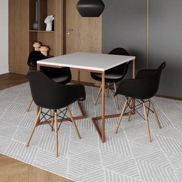 Imagem de Mesa Industrial Jantar Branca Quadrada 90Cm Base Cobre V Com 4 Poltronas Pretas Madeira Branco