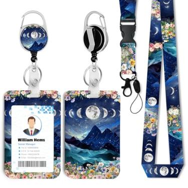 Imagem de Porta-crachá de identificação Flower Mountain Moon com cordão breakaway e carretel retrátil resistente - chaveiro mosquetão giratório de 360° para mulheres, estudantes, professores, enfermeiros, uso