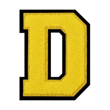 Imagem de 1 PÇ Patch de letra de chenille amarelo de 11,4 cm com borda preta – Remendos do alfabeto para roupas, jaquetas, mochilas, chapéus para decoração personalizada, nome personalizado e artesanato. (D)