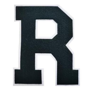 Imagem de 1 Patch de letra de chenille preto de 16,5 cm com borda branca – Adesivos do alfabeto para roupas, jaquetas, mochilas, chapéus para decoração personalizada, nome personalizado e artesanato. (R)