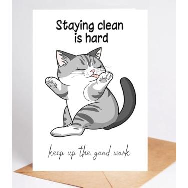 Imagem de Ezen66Gifts Staying Clean Is Hard Keep Up The Good Work Card - Cartões de felicitações de sobriedade de gato fofo - Cartão de felicitações Sober Recovery - Cartão de felicitações Keep Up Good Work