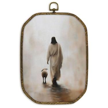 Imagem de nvucamd Arte de parede de Jesus Cristão e o Cordeiro Perdido emoldurada, arte de parede com estampa de ovelha religiosa, octógono de Páscoa, decoração de parede vintage Jesus Natal para sala de oração