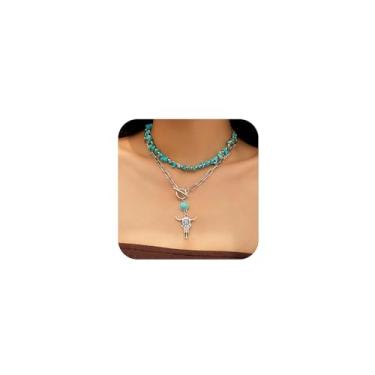Imagem de YNZGYBY Conjunto de joias de vaca turquesa em camadas ocidentais para mulheres, vaqueira, boho, com contas, pingente country, acessórios, vintage, cacto, gargantilha para presente, Large, Zinco, Sem