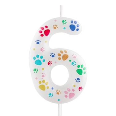 Imagem de Velas de aniversário com estampa de pata de cachorro – número 6 velas brancas cobertas com estampas coloridas de patas para festas de aniversário de cães e celebrações de animais de estimação, 6 velas