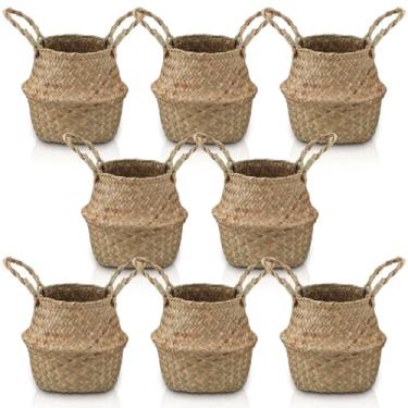 Imagem de Qunclay 8 cestas de algas marinhas trançadas, cesta de barriga, vaso de plantas naturais boho dobrável com alças decorativas redondas de vime grande para decoração de plantadores de árvores ao ar