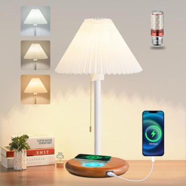 Imagem de Luminária de mesa alta moderna para quarto, luminária de cabeceira de 3 temperaturas de cores com carregador sem fio e porta USB, luminária de mesa de cabeceira com corrente de puxar para sala de