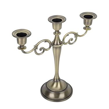 Imagem de Castiçal de metal com 3 braços, alto brilho, retrô, requintado, castiçal para mesas de jantar, decoração de casamento, metal durável, peça central de decoração de casa (Bronze)