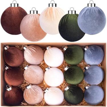 Imagem de Wiyodaho 15 bolas de veludo de Natal para árvore de Natal de 7 cm, enfeites de veludo, enfeites decorativos de Natal para decoração de árvore de Natal (marrom, cáqui, bege, verde escuro, cinza)