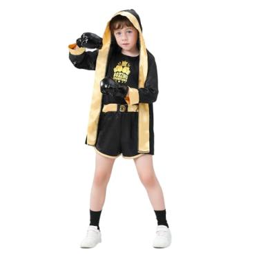 Imagem de DLSNZ Fantasia Infantil De Campeões De Boxe Com 4 Peças, Top, Shorts, Capa Com Capuz, Luvas, Fantasia De Halloween, Uniforme De Boxeador Para Crianças (Preto, 5 A 6 Anos)