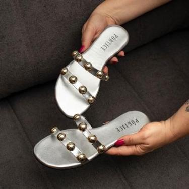 Imagem de Sandalia Feminina Rasteira Rastirinha Flat Flatform Casual Enfeite Brilho Metal-Feminino