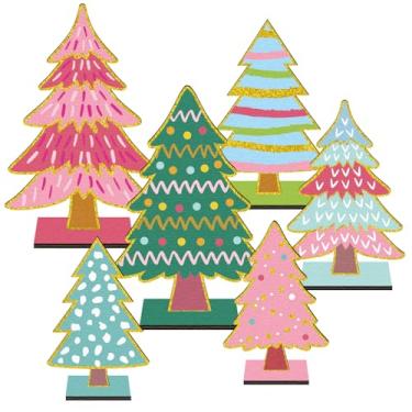 Imagem de Cinrobiye 6 peças de decorações de mesa de Natal, árvore de Natal rosa dourada, mesa de mesa, casa de fazenda, árvores de Natal de madeira rústica, para casa, lareira e decoração de festa de inverno