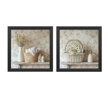 Imagem de Kit 2 quadros 18x18 cm, banheiro, lavabo, flores, vasos, margarida, moldura e vidro- Decoração para Banheiro, Lavabo e Cozinha(Preto)