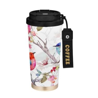 Imagem de SEHANY Caneca de café de viagem Flores e pássaros de 482 g com tampa revestida de cerâmica e à prova de vazamento, parede dupla, copo de aço inoxidável isolado a vácuo para bebidas quentes e frias