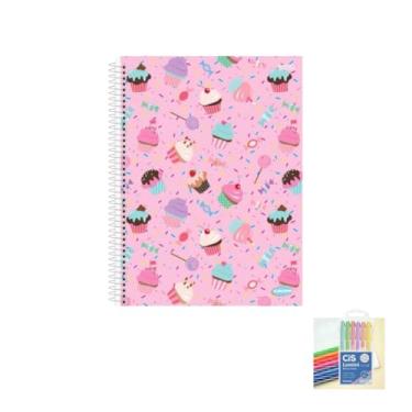 Imagem de Kit Caderno Feminino KBOM 10 Matérias 200 Folhas + Caneta Esferográfica 24 Unidades + Marca Texto 6 Cores