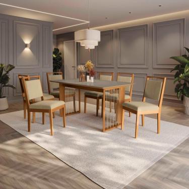 Imagem de Conjunto Sala De Jantar Lina Em Madeira Maciça 6 Cadeiras Boucle Bege