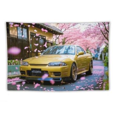 Imagem de HouLaiZhe JDM Tapeçaria de carro vintage R32 Jdm carro flores de cerejeira rua pendurar na parede quarto decoração de casa tapeçarias estética piquenique decoração de parede arte de parede para