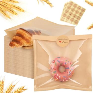 Imagem de 50 sacos de embalagem de biscoito com janela, sacos de padaria de papel kraft de 18 cm x 19 cm, sacos de pastelaria seláveis ao calor e resistentes a graxa com 60 adesivos para biscoitos, donuts