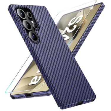 Imagem de Capa de fibra de carbono para Samsung Galaxy S24 Ultra com protetor de tela Slim Fit para Samsung S24 Ultra, capa de telefone resistente, durável, fina, híbrida, PC, capa de proteção rígida 5G (azul)