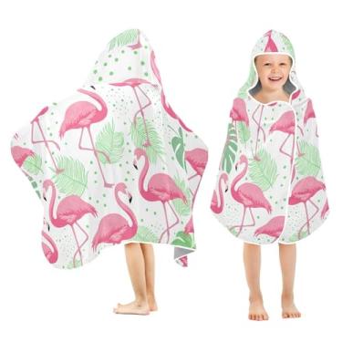 Imagem de Burbuja Toalha de banho com capuz com folhas de palmeira flamingos rosa para crianças, toalha de praia de pelúcia macia absorvente para meninas e meninos 3-10 anos, 61 x 127 cm