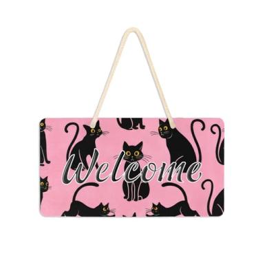 Imagem de Burbuja Placa de boas-vindas de gato preto para porta da frente, placa de boas-vindas de PVC para decoração de férias, 15 x 28 cm