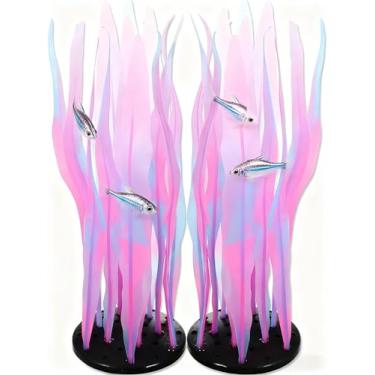 Imagem de Civore Decoração de aquário, 2 peças de alga rosa brilhante, decoração coral de fluorescência de silicone macio, ornamentos de aquário brilhantes seguros para água doce/água salgada
