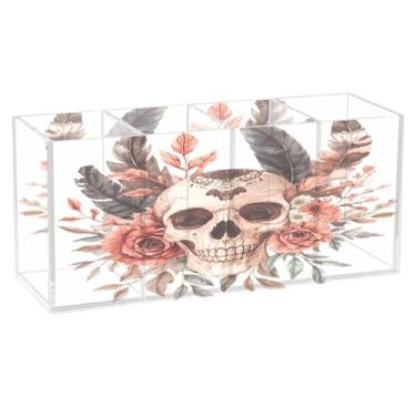 Imagem de Burbuja Porta-canetas de acrílico com flor de crânio em aquarela, 4 compartimentos, suporte de lápis transparente para pincéis de maquiagem, acessórios de mesa de escritório em casa