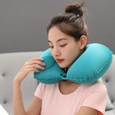 Imagem de Almofada de Pescoço Inflável em Formato de U, Portátil, Confortável, Inflação Rápida, Azul Turquesa